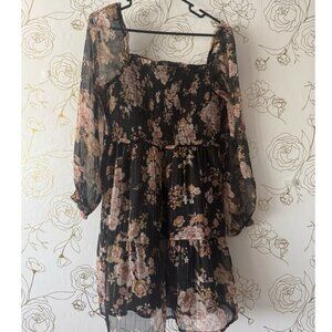 American Eagle Dress Size Medium Long sheer sleeve floral smocked mini 045